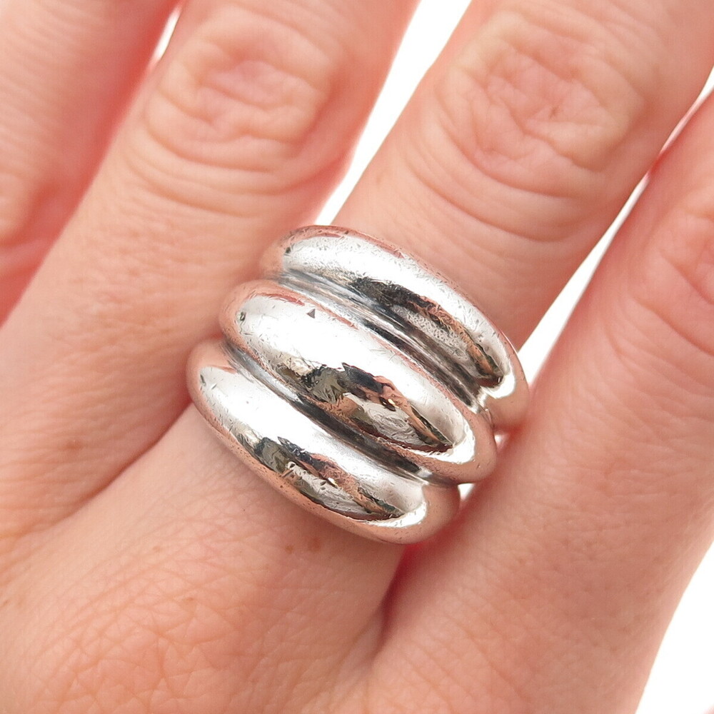 925 Sterling Silver Vintage Mexico Modernist Ribbed Oxidized Ring Size 7